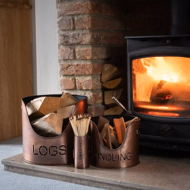 Hill Interiors Three Piece Copper Metal Fire Wood Bucket Set – 1