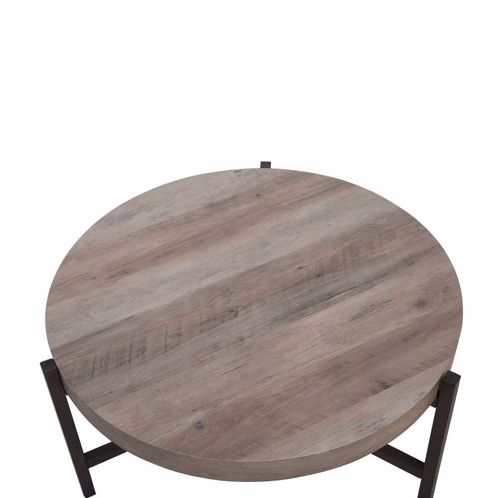 Wyld and Coco Round Coffee Table with Taupe Wood-Look MDF Top and Black Metal Legs, Diameter: 70 cm, Height: 42 cm – 3