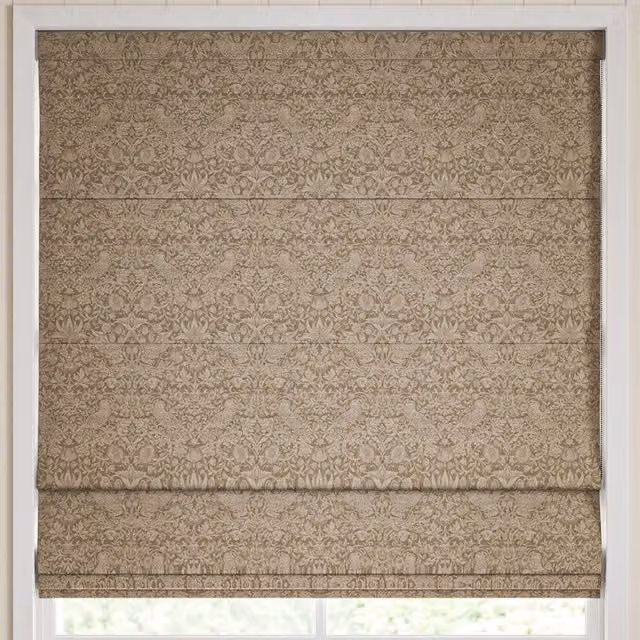 William Morris At Home Strawberry Thief Woven Blackout Roman Blind in Brown and Sand Floral Pattern