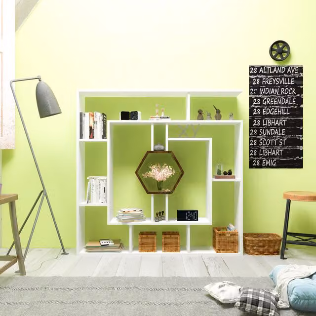 Labrina Modern Geometric Wall Mounted Bookshelf in White and Brown, H 134.0 x W 31.8 x D 23.0 cm
