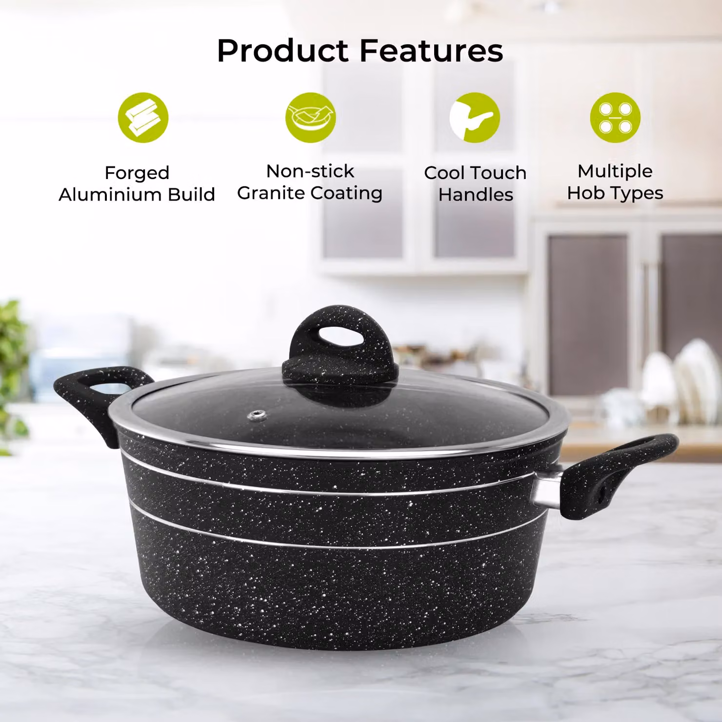 Royalford Non Stick Black Casserole Dish with Tempered Glass Lid – 2