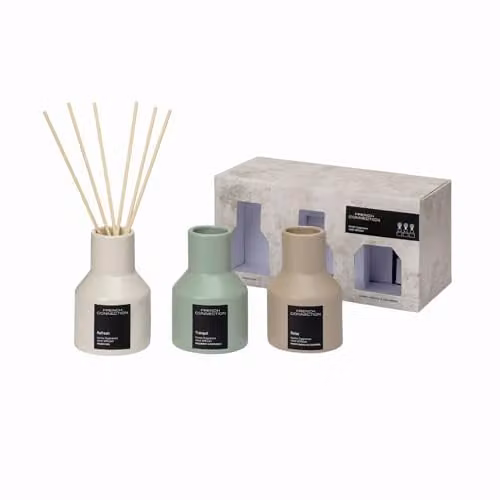 French Connection Stone Collection Scented Reed Diffuser 130ml and Trio Gift Set with Warm Vanilla & Cashmere, Wildberry & Patchouli, and Iris & Orange Blossom