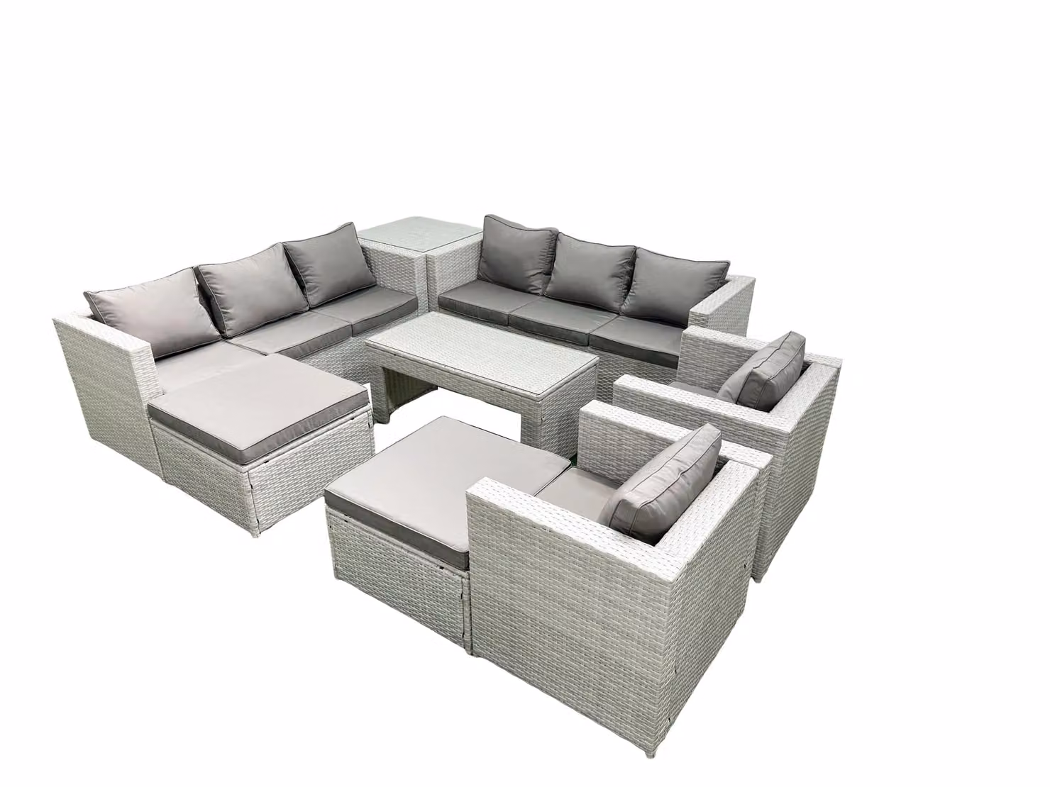 Fimous Rattan Outdoor Garden Furniture Set in Light Grey with 2 Armchairs, Oblong Coffee Table, 2 Footstools and Side Table – 2
