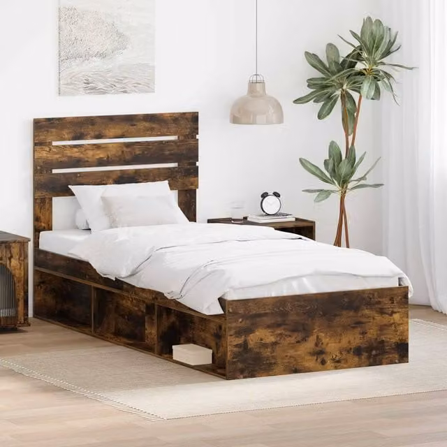 Berkfield Home Bed Frame with Headboard in Smoked Oak and Brown Solid Pine Wood, W/D/H: 90 x 190 cm – 1