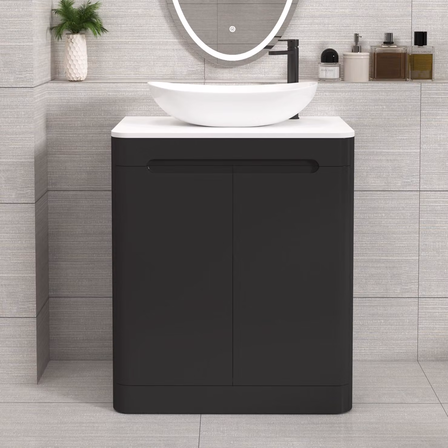 Royal Bathrooms Venice 700mm Floor Standing 2 Door Vanity Unit in Matt Nocturne Black with Plain White Worktop and Cesar Basin