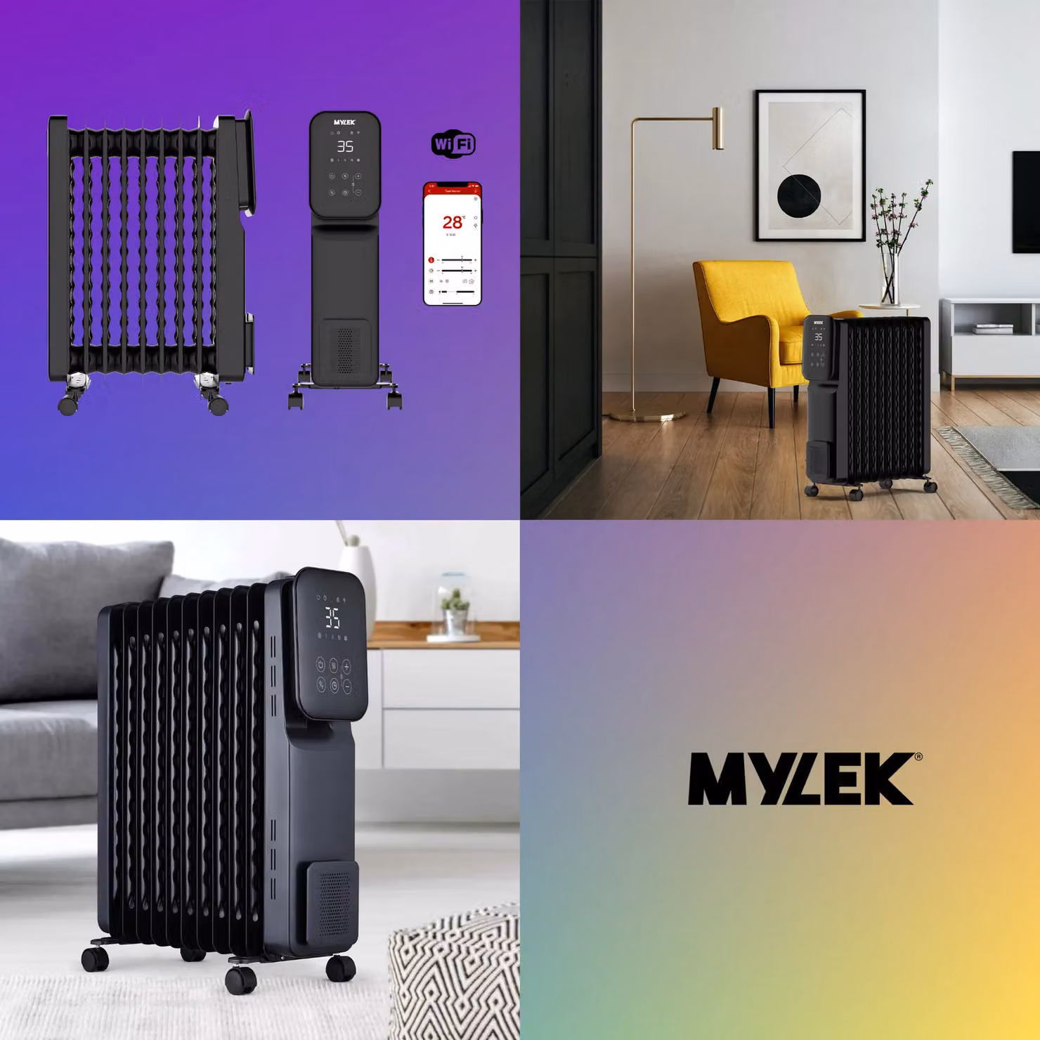MYLEK 2kW Electric Oil Filled Radiator with Wi-Fi Smart App Control in Black – 3