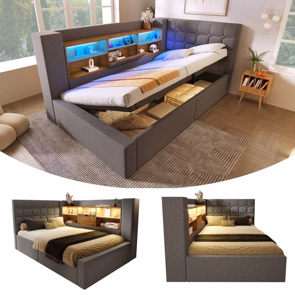 FENCHILIN Single Upholstered LED Daybed Frame in Grey with Hydraulic Storage and USB Charging Station – 2