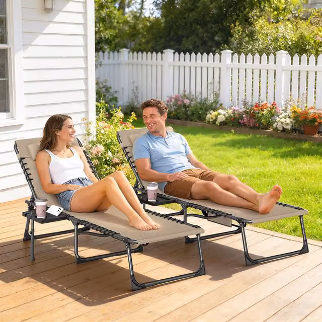 Outsunny Folding Sun Loungers with 5-Level Adjustable Backrest and Cup Holders in Beige
