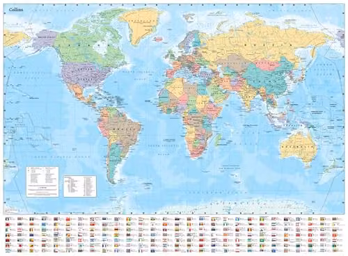 Collins Large World Paper Map with Flags, Multicolour, W: 70 cm, H: 91.5 cm