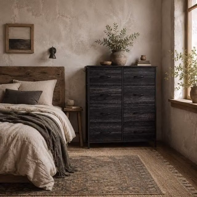 Wyld Haus Elzi 8 Drawer Storage Chest in Black Metal and Fabric