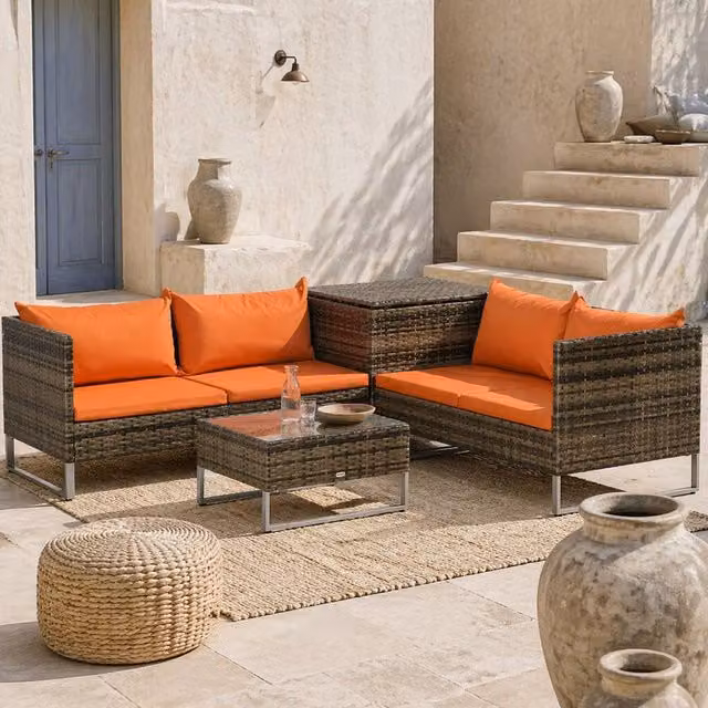 Wyld Haus Vemato 4 Seater Rattan Garden Sofa Set with Storage Table in Orange and Brown