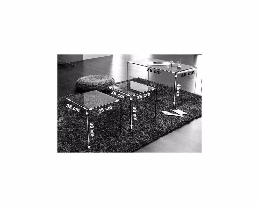 Thats Furniture Modena Set of 3 Nest of Glass Coffee Tables, Clear Transparent Rectangular Design, W: 86 cm, D: 46 cm, H: 46 cm – 4