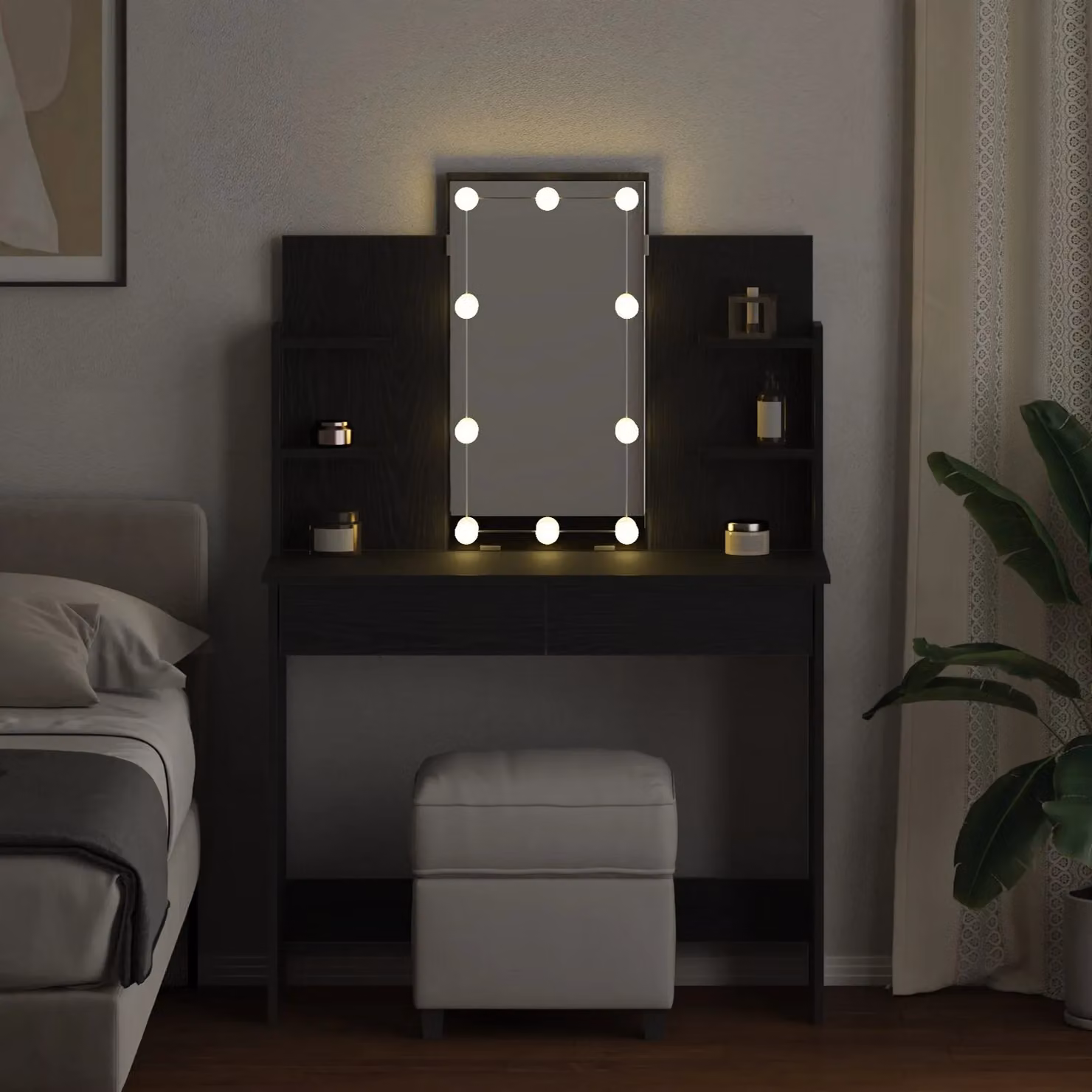 Berkfield Home Black Oak Dressing Table with Hollywood LED Lights W/D/H: 96 x 40 x 142 cm – 3