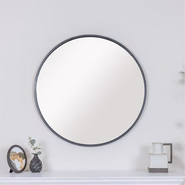 Melody Maison Round Industrial Wall Mirror with Thin Metal Frame in Black