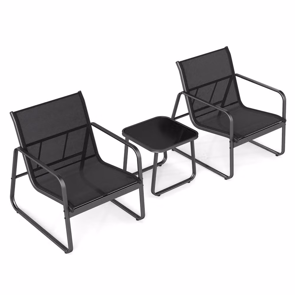 Costway 3 Piece Outdoor Bistro Patio Conversation Set with Tempered Glass Table in Black – 2