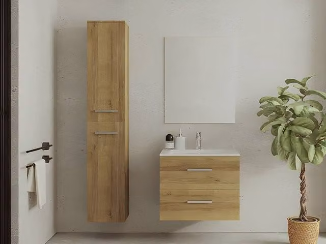 Vente-unique Modern Wall-Mounted Bathroom Unit with Single Basin, Tall Cabinet and Storage Column in Light Oak