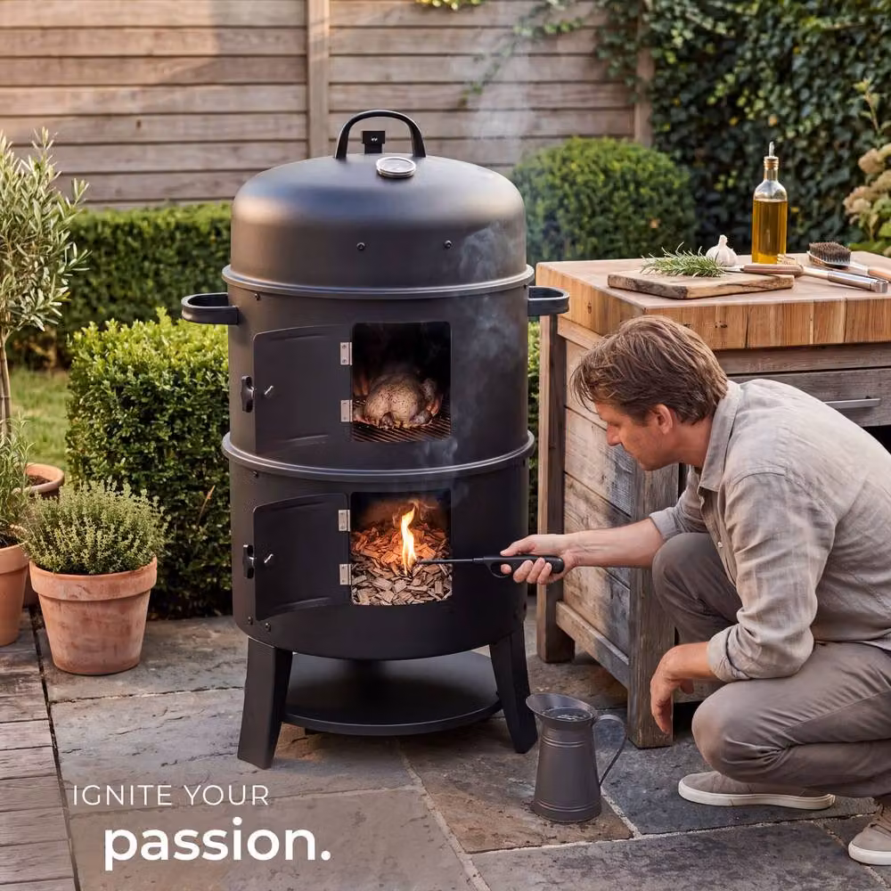 tectake Smoking Barrel 3-in-1 Charcoal Smoker with Thermometer and Air Vent, Black, W/D/H: 52.0 x 42.5 x 81.5 cm – 9