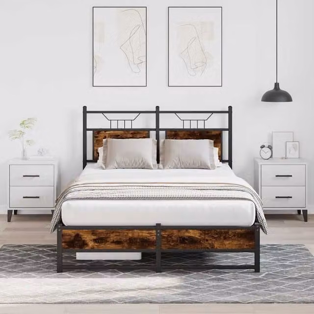 Berkfield Home Small Double Bed Frame in Smoked Oak and Brown Engineered Wood, W/D/H: 120 x 200 cm