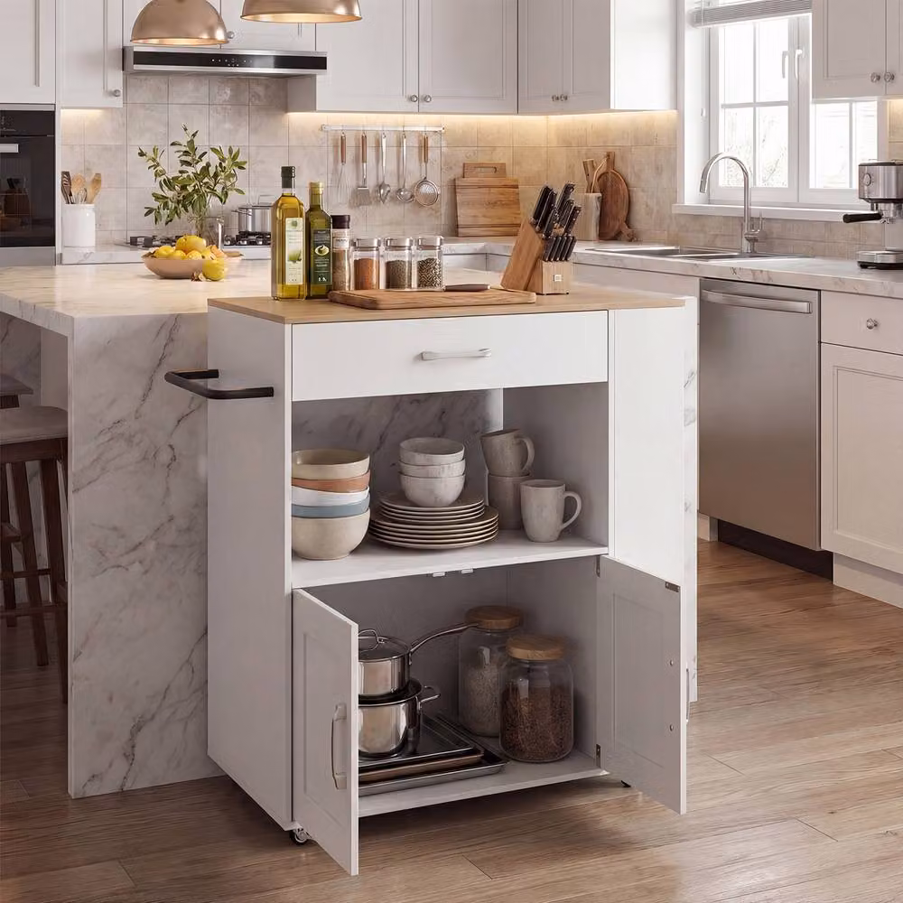 Costway Mobile Wooden Kitchen Island Cart with Cabinet and Spice Racks in White – 3