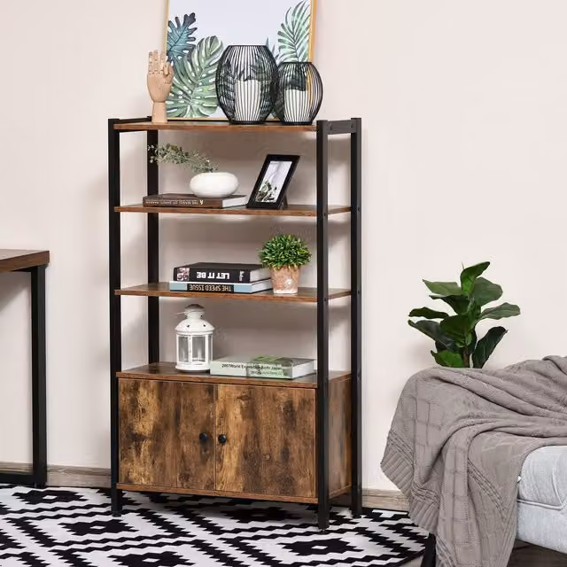 HOMCOM Industrial Multifunctional Bookshelf and Storage Cabinet with Hinged Doors and Open Shelves in Brown