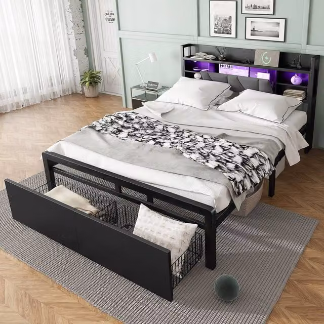 BTM Black Metal Bed with LED Lighting, USB Charging Ports and Storage Drawers, 140 x 200 cm