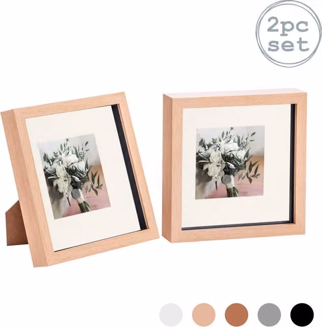 Nicola Spring Pack of 2 3D Box Photo Frames in Light Wood and Ivory with 4 x 4 inch Mount, W/D/H: 20 x 20 x 20 cm