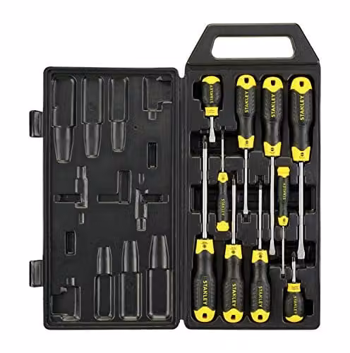 Stanley Cushion Grip Slotted and Pozidriv Screwdriver Set, 10 Piece, Yellow and Multicolour