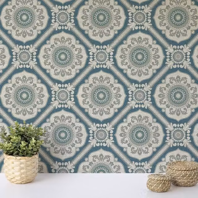 Wallquest Caspia Retro Floral Botanical Wallpaper in Blue, Petrol, Red and Brown