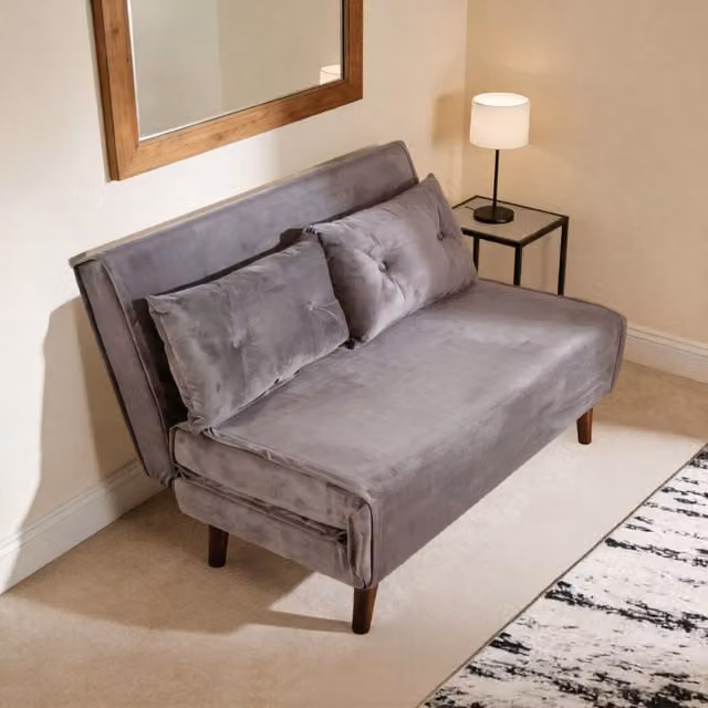 Home Source Grey Velvet Double Sofa Bed with Wooden Legs and Two Pillows