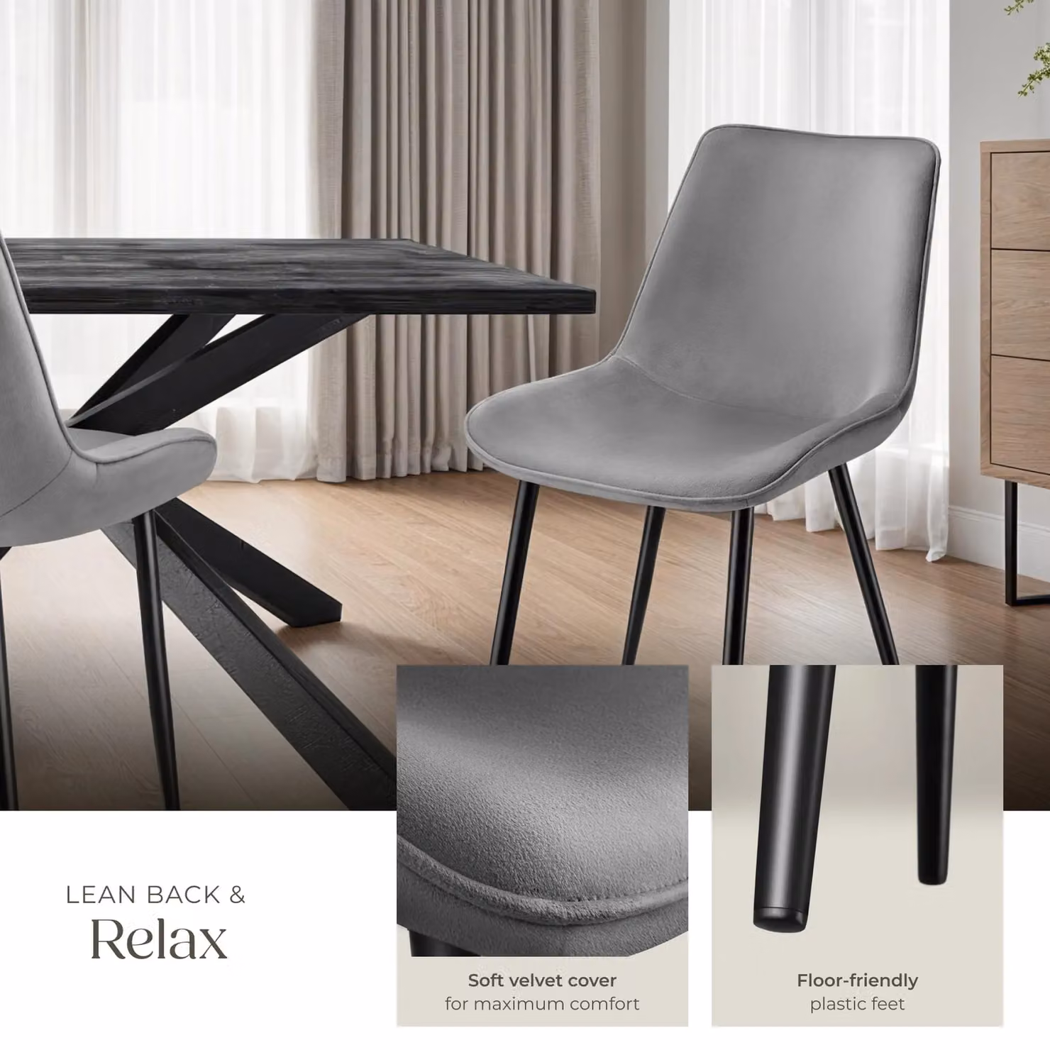 tectake Monroe Dining Chair Set of 8 in Grey Velvet Fabric with Metal Frame – 4
