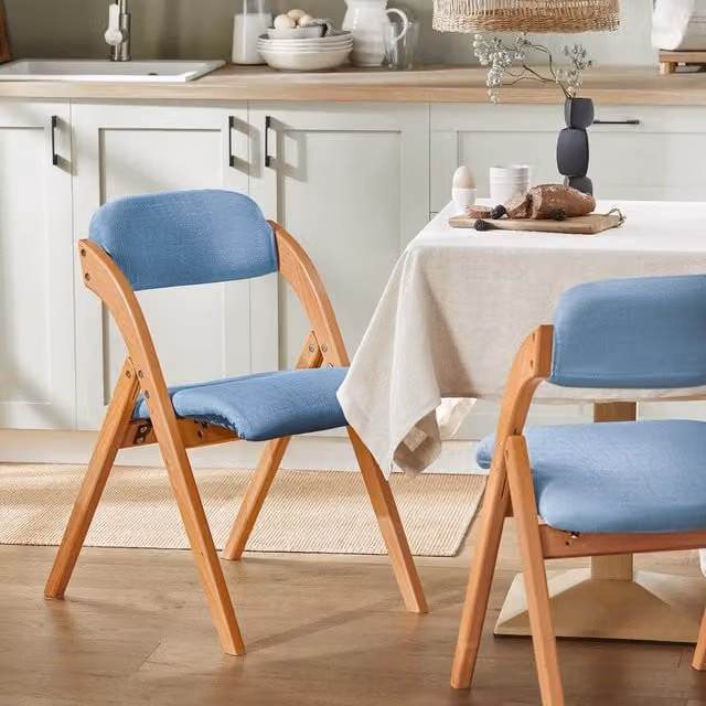 SoBuy Blue Ergonomic Folding Wooden Chair with Beech Wood and Upholstered Fabric Backrest