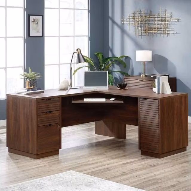Teknik Office Elstree L-Shaped Corner Desk in Brown