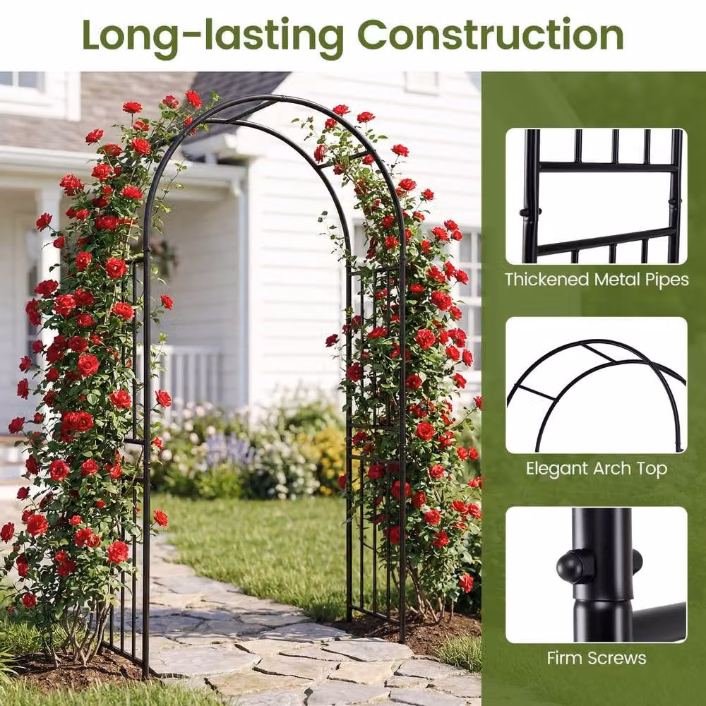 Costway Metal Garden Arbor and Wedding Arch in Black with 8 Ground Stakes – 5