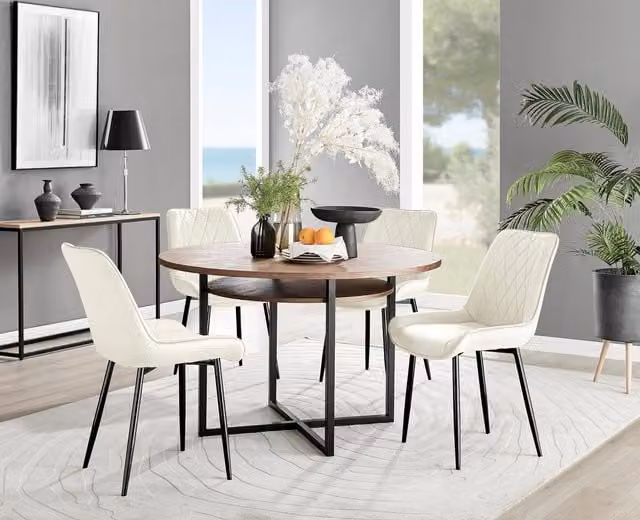 FurnitureboxUK Adley Brown Wood Round Dining Table and 4 Pesaro Cream Chairs with Black Legs