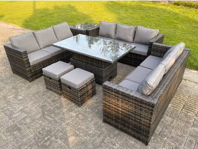 Fimous 11 Seater U-Shape Outdoor Rattan Sofa Set in Dark Grey Mixed with Cushions and Coffee Table