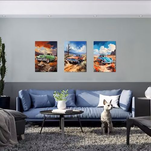 Simpa 3 Panel Vintage Classic Cars Canvas Wall Art, Multicolour Rectangular Framed and Stretched Artwork – 2