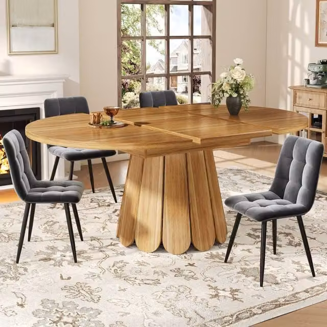 Merax Extendable Round Wood Effect Dining Table with Pedestal Base in Brown – 1