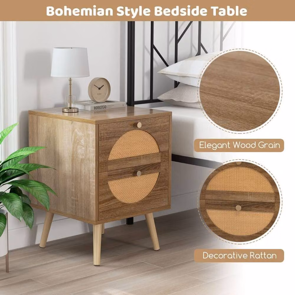 Costway Set of 2 Bohemian Style Rattan Nightstands with 2 Drawers in Brown – 5