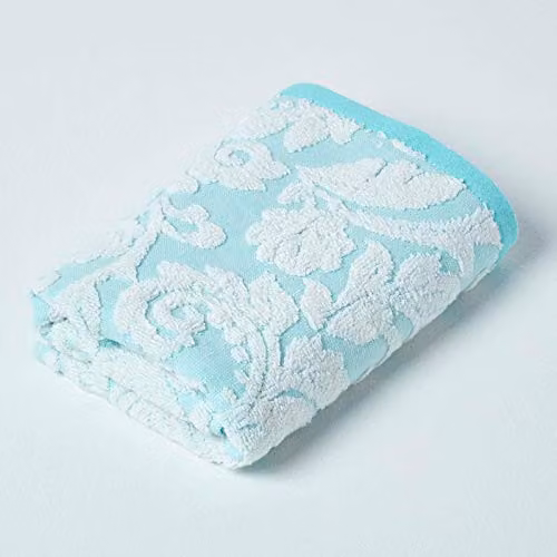 HOMESCAPES Luxury Turquoise Hand Towel, 100% Turkish Cotton with Damask Floral Pattern, 600GSM Super Soft and Absorbent Aqua Towel