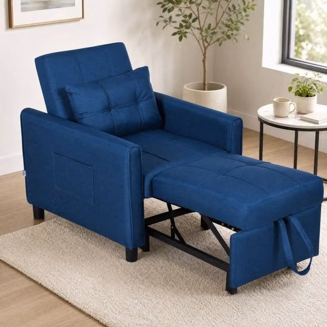 STILVORA Blue Fabric Single Chair Bed with Three-Position Back and Armrests – 1