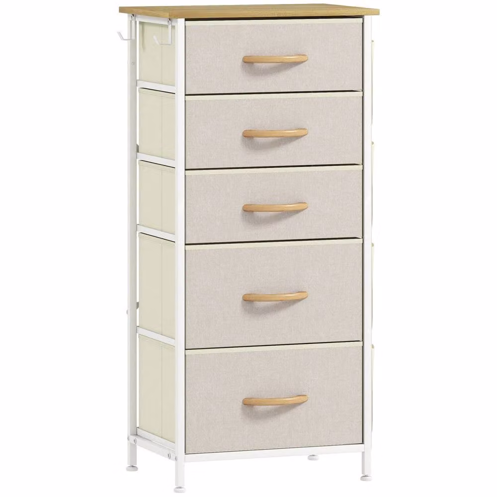 Wyld Haus Batoro 5 Drawer Fabric and Metal Storage Chest in Beige and White – 2