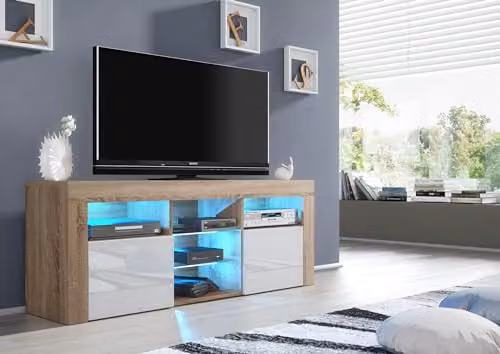 Creative Furniture Modern Oak TV Unit with White Gloss Doors and LED, W: 145 cm, D: 53 cm, H: 53 cm – 3