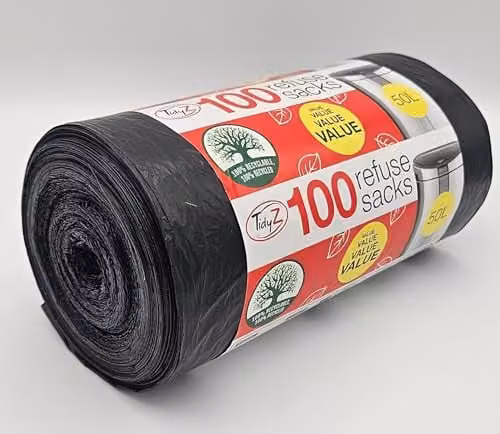 TidyZ Black Refuse Sacks, 50L, 100 Pack Made from 100% Recycled Plastic