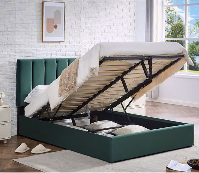 Furniture One Green Velvet Upholstered Platform Bed with Lift Up Storage and Adjustable Headboard, Width: 162 cm