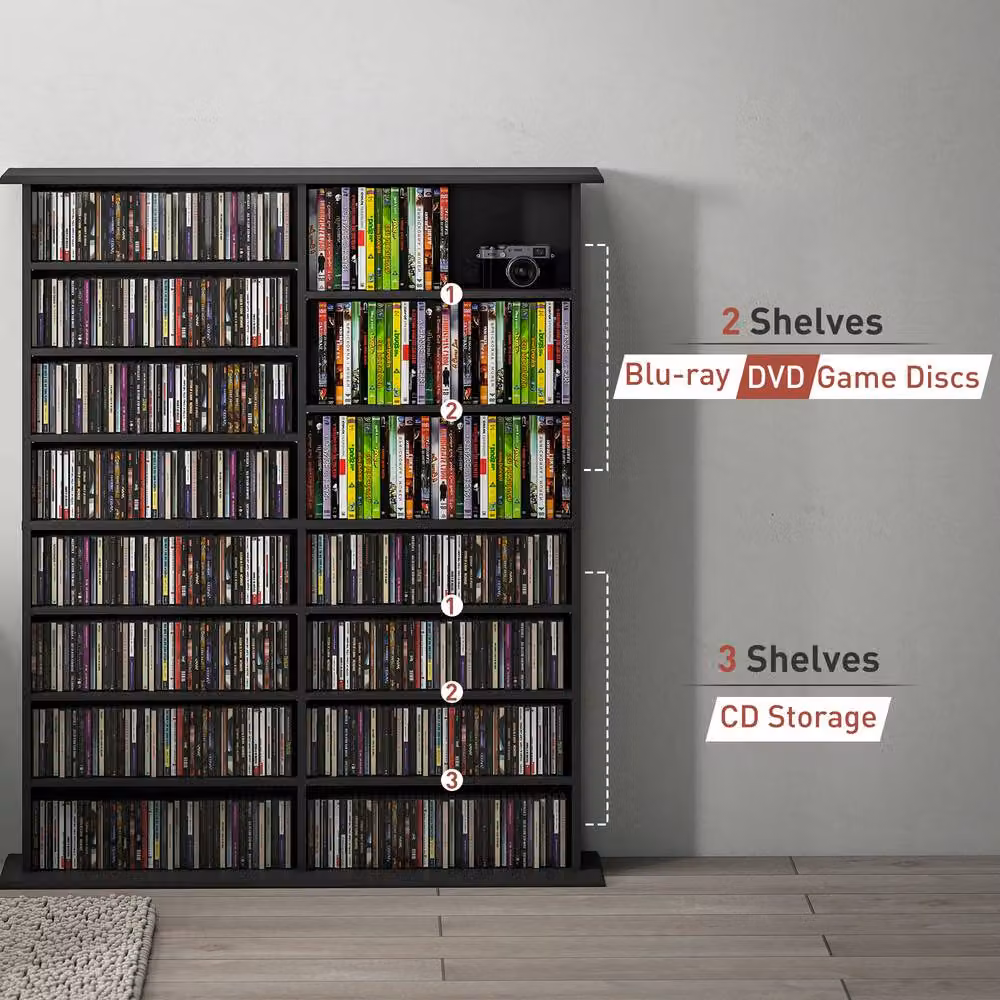 STILVORA Modern Media Shelf in Black with Adjustable Shelves and Media Compartments – 9