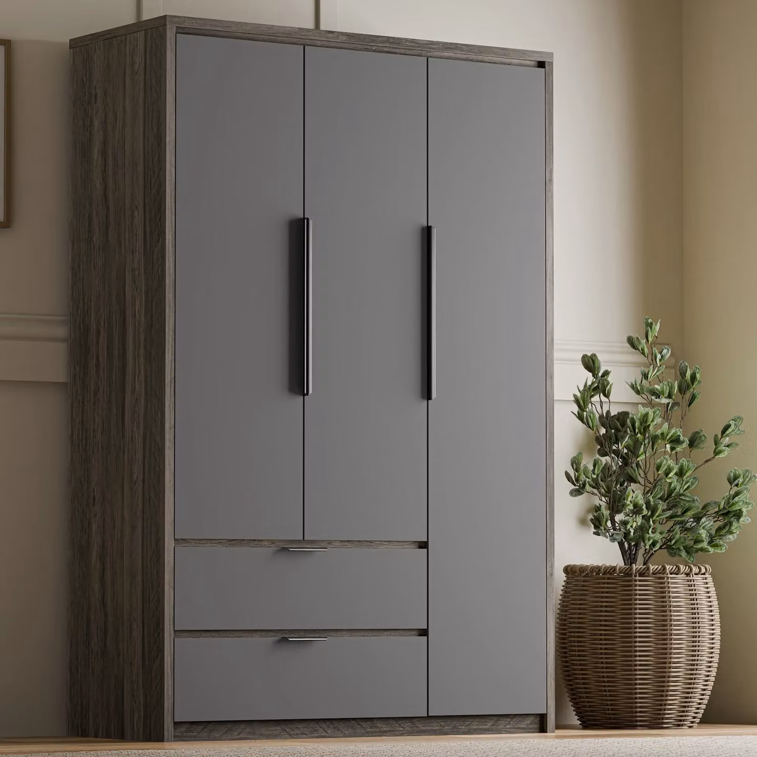 Skova 3 Door Wardrobe with Drawers, Shelves and Clothes Rail in Grey and White