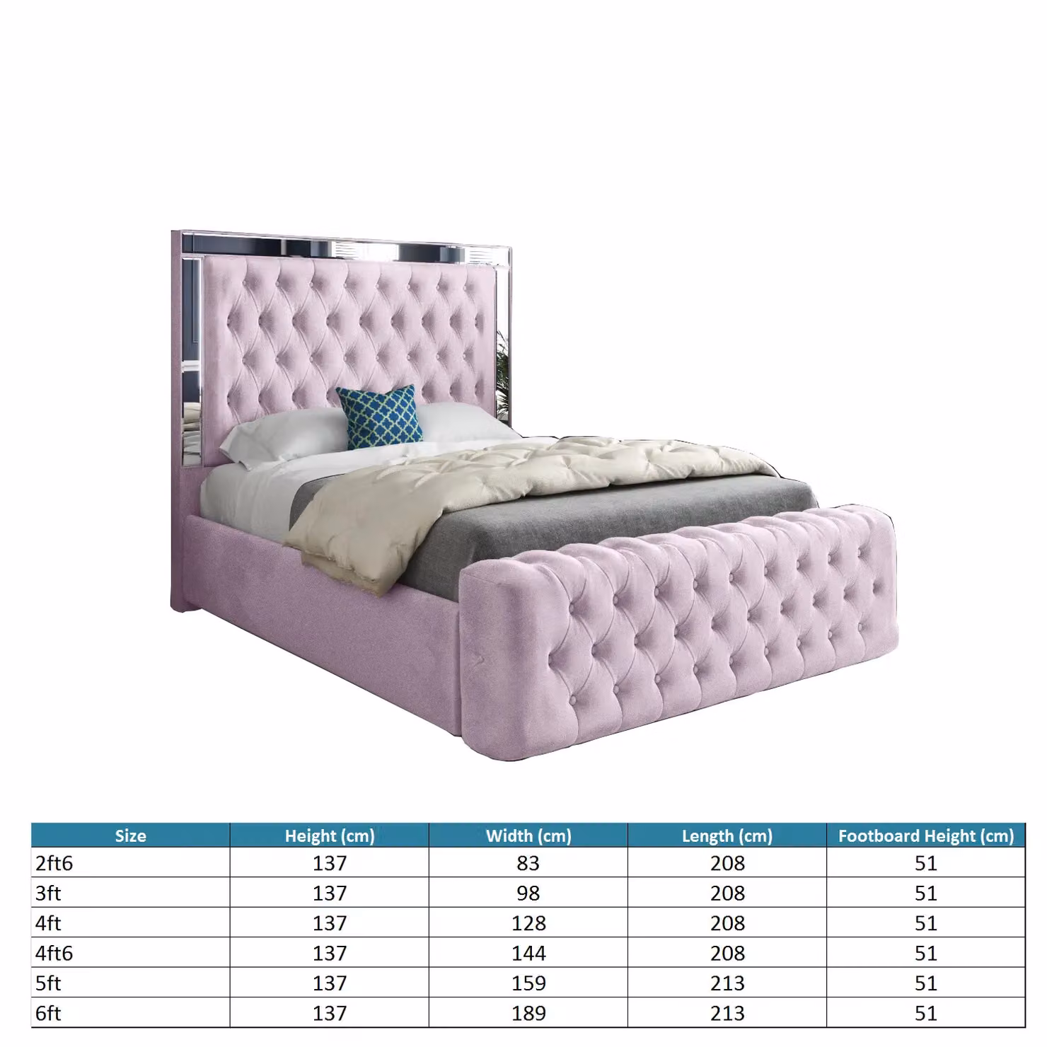 Casani Marino Mirror Upholstered Velvet Bed Frame in Pink and Silver, W/D/H: 90 x 200 x 137 x 83 cm – 4
