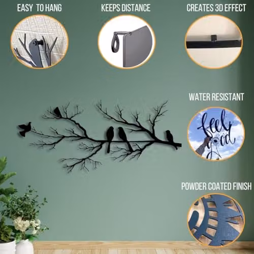 Your Home Rulez Black Metal Birds and Branch Wall Art, W: 60 cm, H: 30 cm – 4