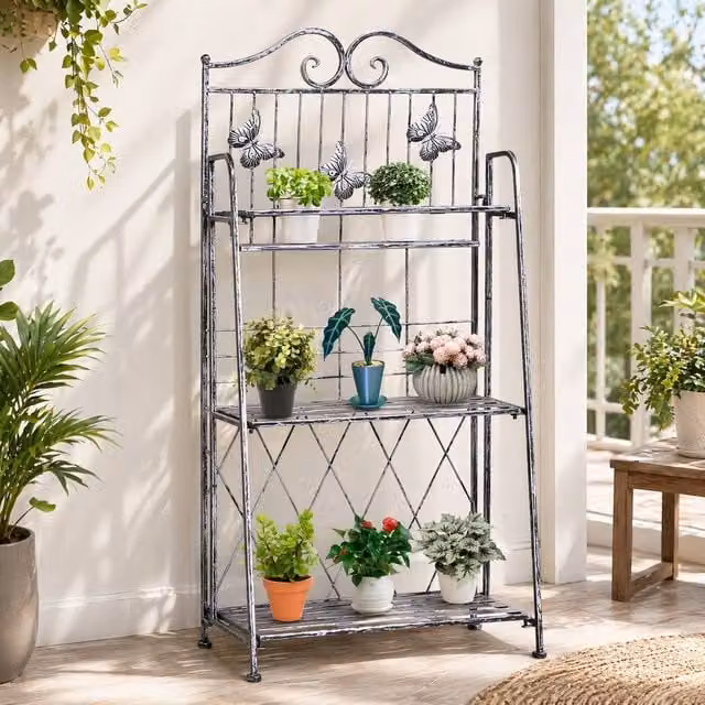 STILVORA 3 Tier Folding Metal Plant Stand in Silver, H 96.0 cm x W 44.0 cm x D 30.0 cm – 1