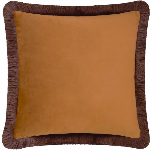 Furn Halo Fringed Velvet Cushion in Brown and Beige, W/D/H: 50 x 50 x 50 cm